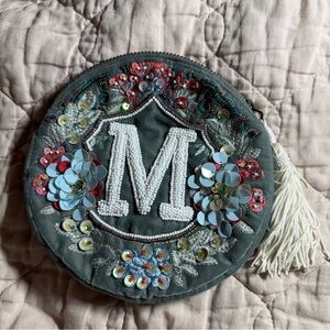 Anthropologie Anna Harlow Russo M Monogram Beaded Embroidered Pouch Velvet Boho